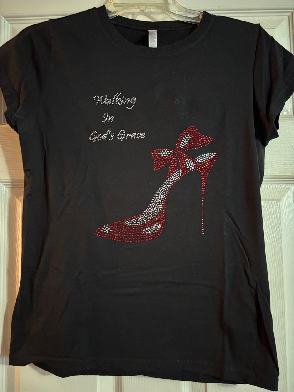 Women’s Black Tee with Red Rhinestone Stiletto Graphic